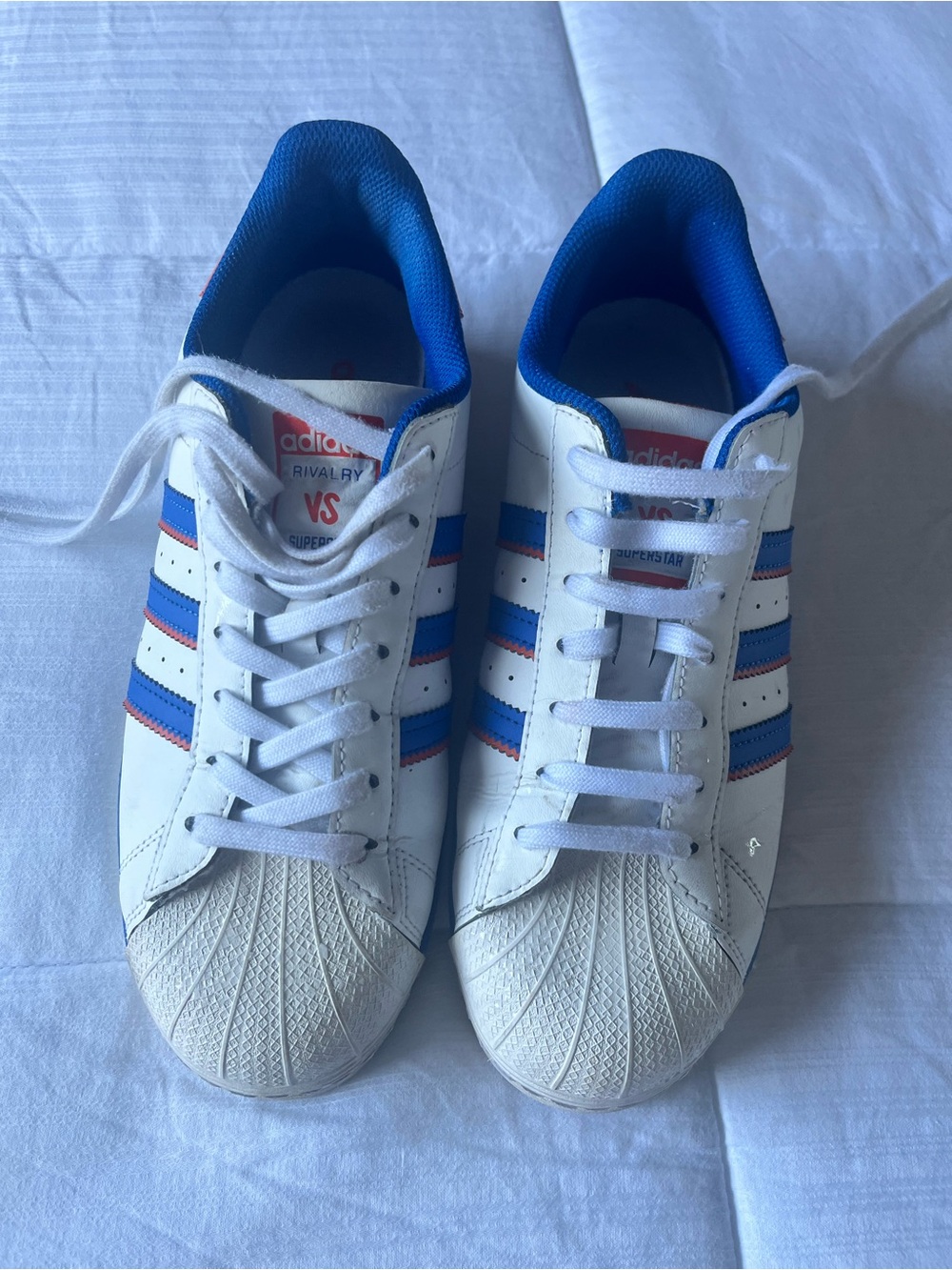 Adidas Rivalry VS superstar White Sneakers with Blue & Orange Stripes. Size 9